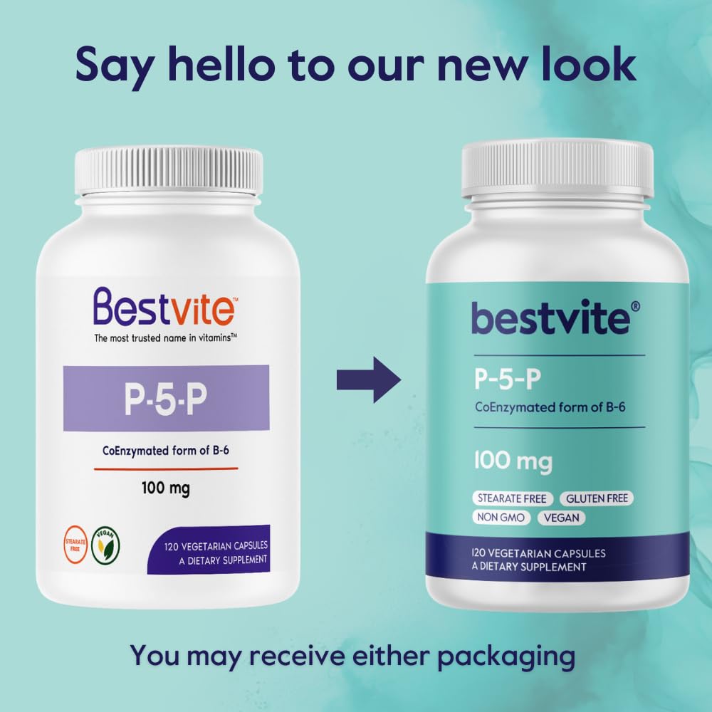 BESTVITE P-5-P 100mg β 240 Vegetarian Capsules | Coenzymated Vitamin B6 (Non-GMO, Vegan, Gluten Free, No Stearates)