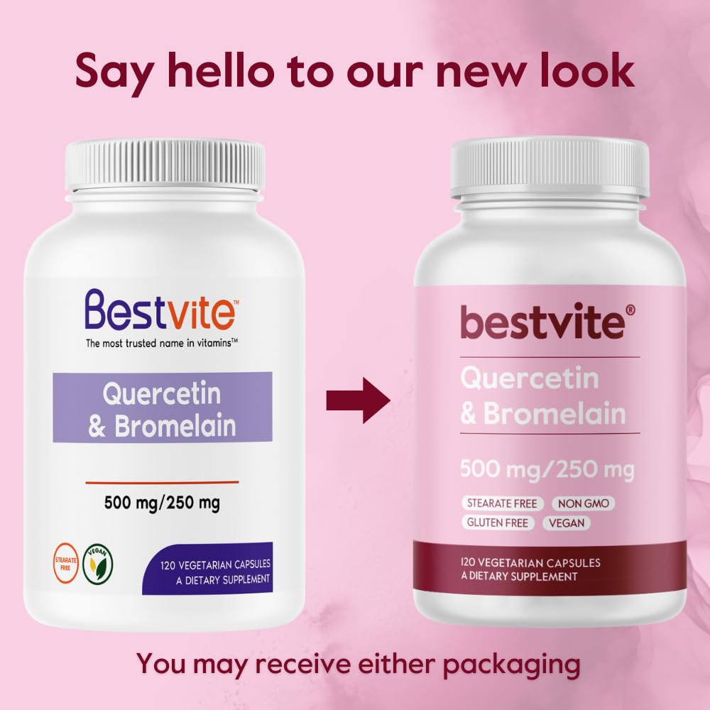 BESTVITE Quercetin with Bromelain 500mg/250mg (120 Vegetarian Capsules) β No Stearates β No Silicon Dioxide β Vegan β Non GMO β Gluten Free