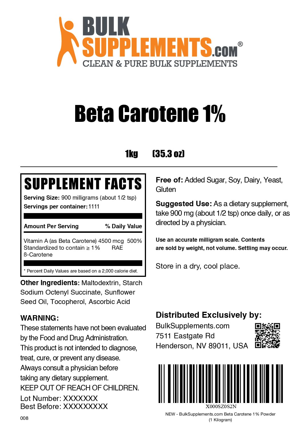 BulkSupplements Beta Carotene Powder – Vitamin A for Immune & Vision Support | Gluten Free, 900 mg/Serving, 1kg