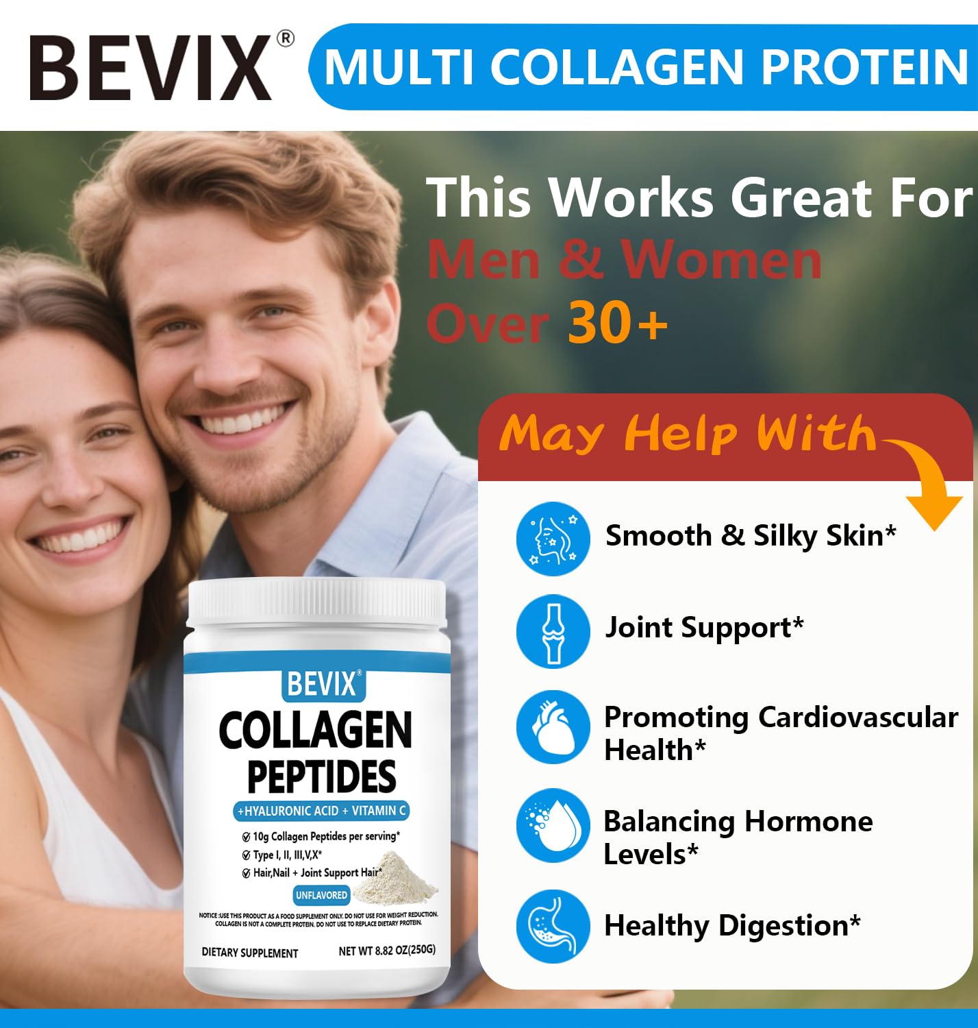 BEVIX Collagen Peptides Powder Advanced I-X โ Hydrolyzed Collagen, Vitamin C, Hyaluronic Acid | 8.82oz Unflavored