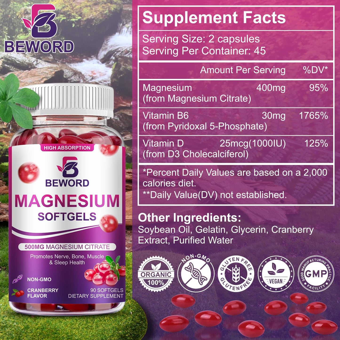 BEWORD Magnesium Citrate Softgels 500mg | 90 Capsules โ Calm Sleep & Muscle & Bone Health