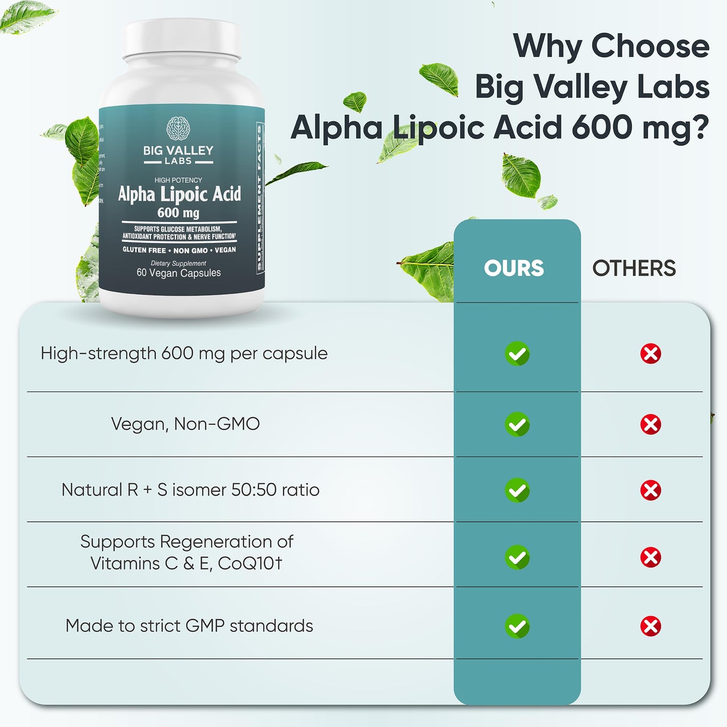 Big Valley Labs Alpha-Lipoic Acid 600 mg โ High-Potency Antioxidant for Cellular Health & Energy Metabolism โ Vegan, Non-GMO, Gluten-Free | 60 Capsules