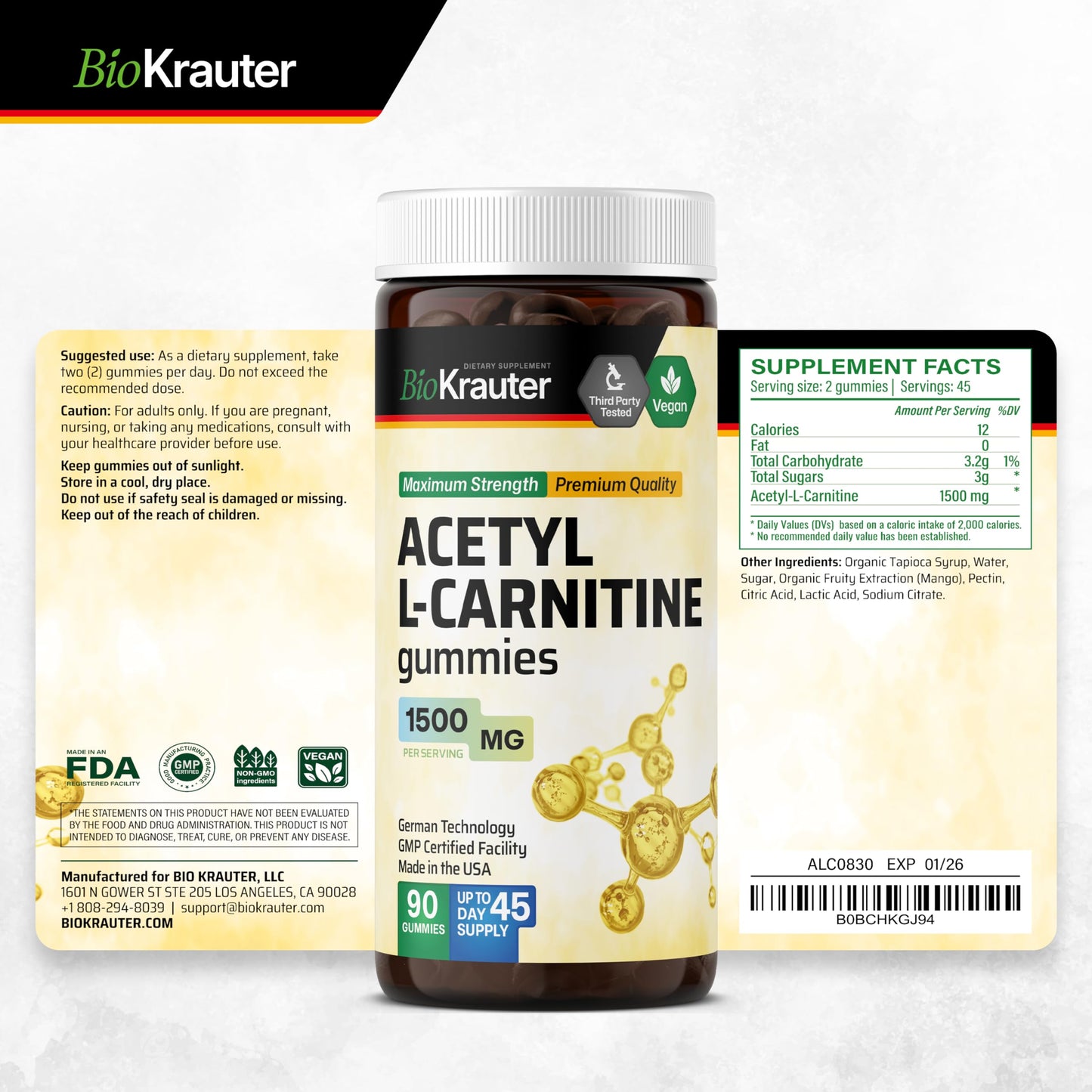 BIO KRAUTER Acetyl L-Carnitine Gummies 1500 mg - 90 Vegan Chews | Pack of 2