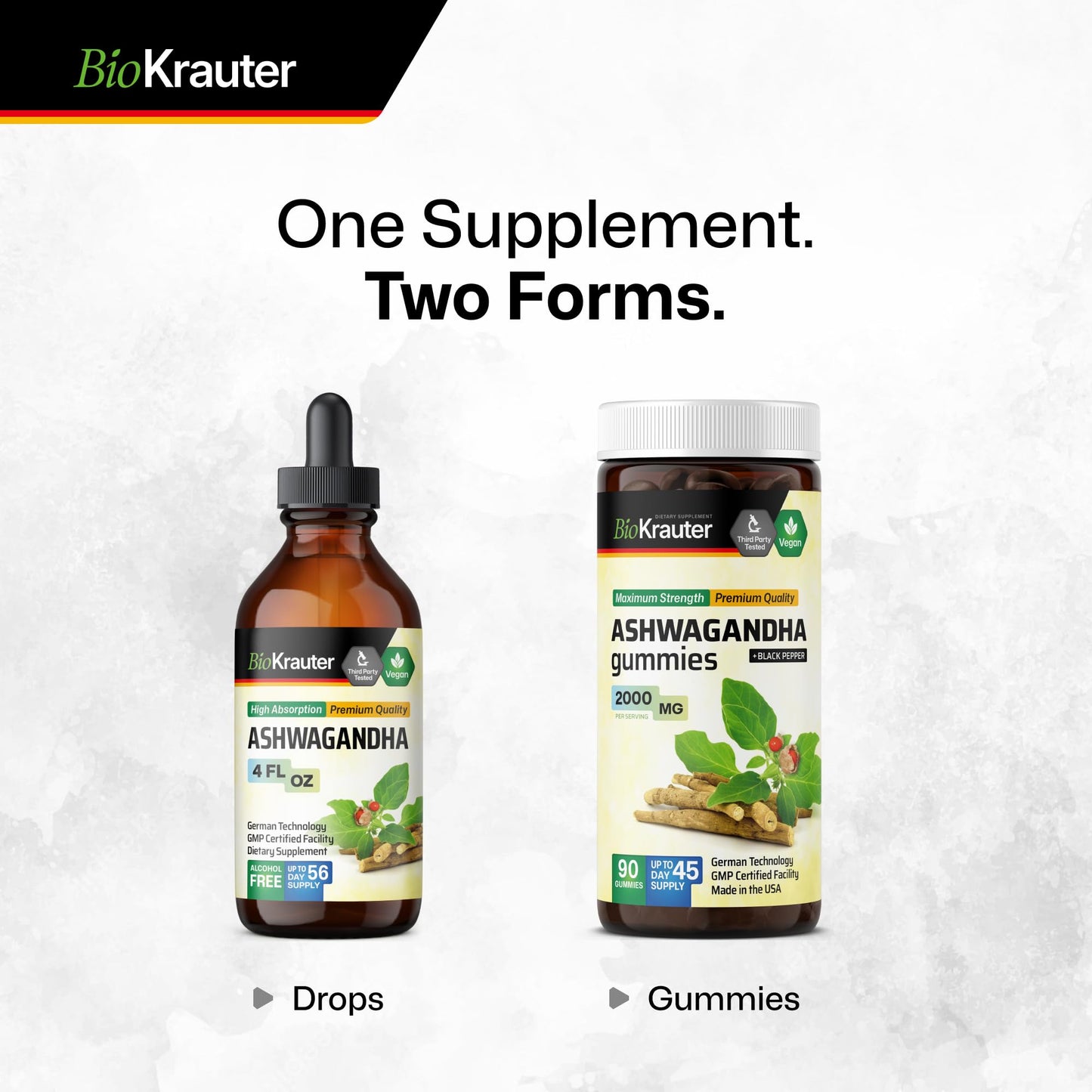 BIO KRAUTER Ashwagandha Liquid Drops โ Calm Mood Support, Vegan, Alcohol & Sugar Free, 4 oz (Pack of 2)