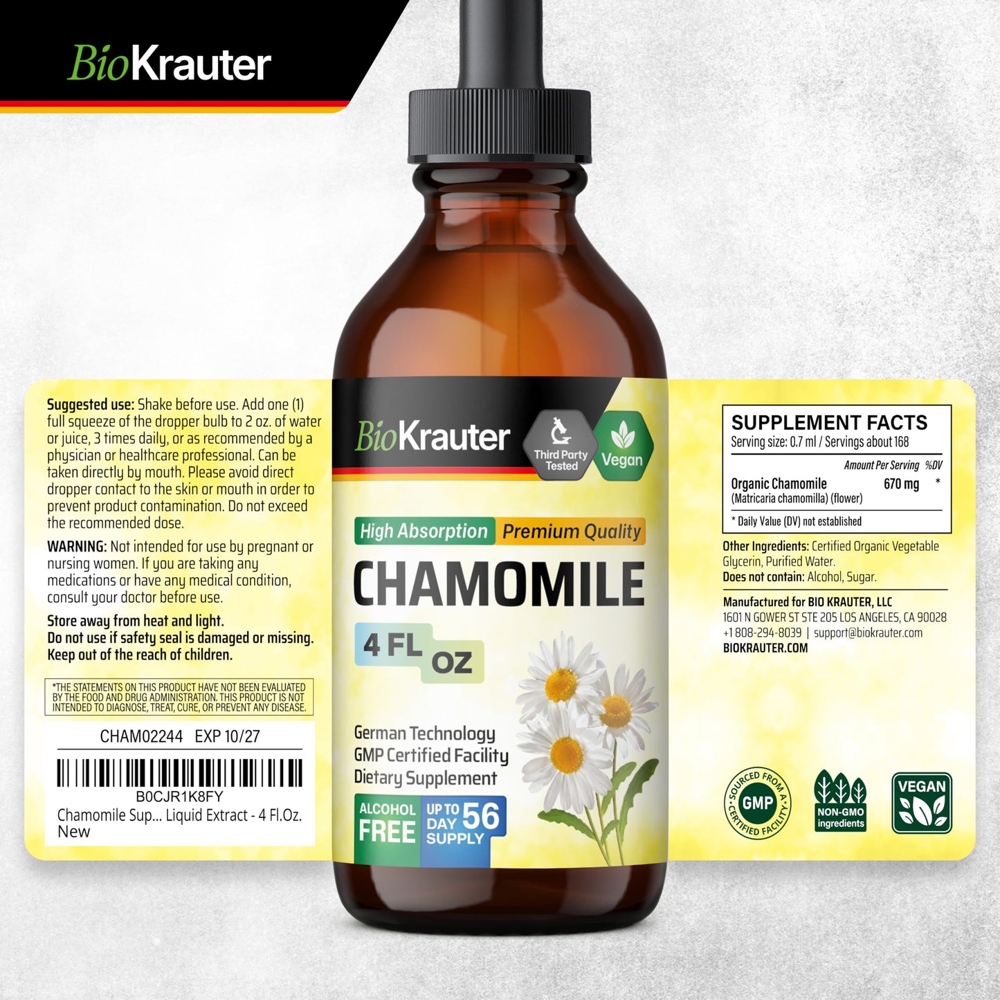 BIO KRAUTER Chamomile Extract Liquid Drops โ Vegan Calm & Sleep Support | 670 mg per Serving, 4 fl oz