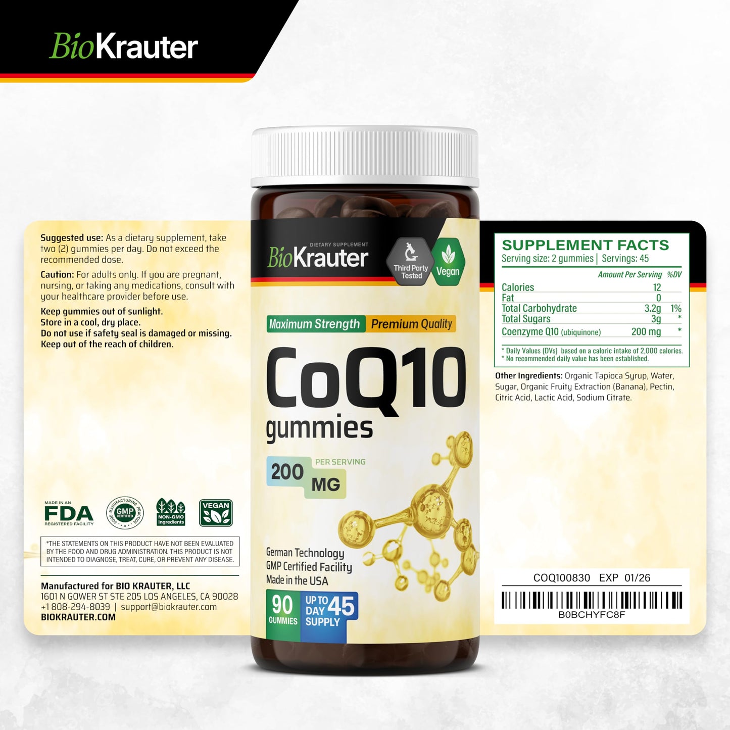 BIO KRAUTER CoQ10 200mg Gummies โ 90 Vegan Chews | CoQ10 for Adults