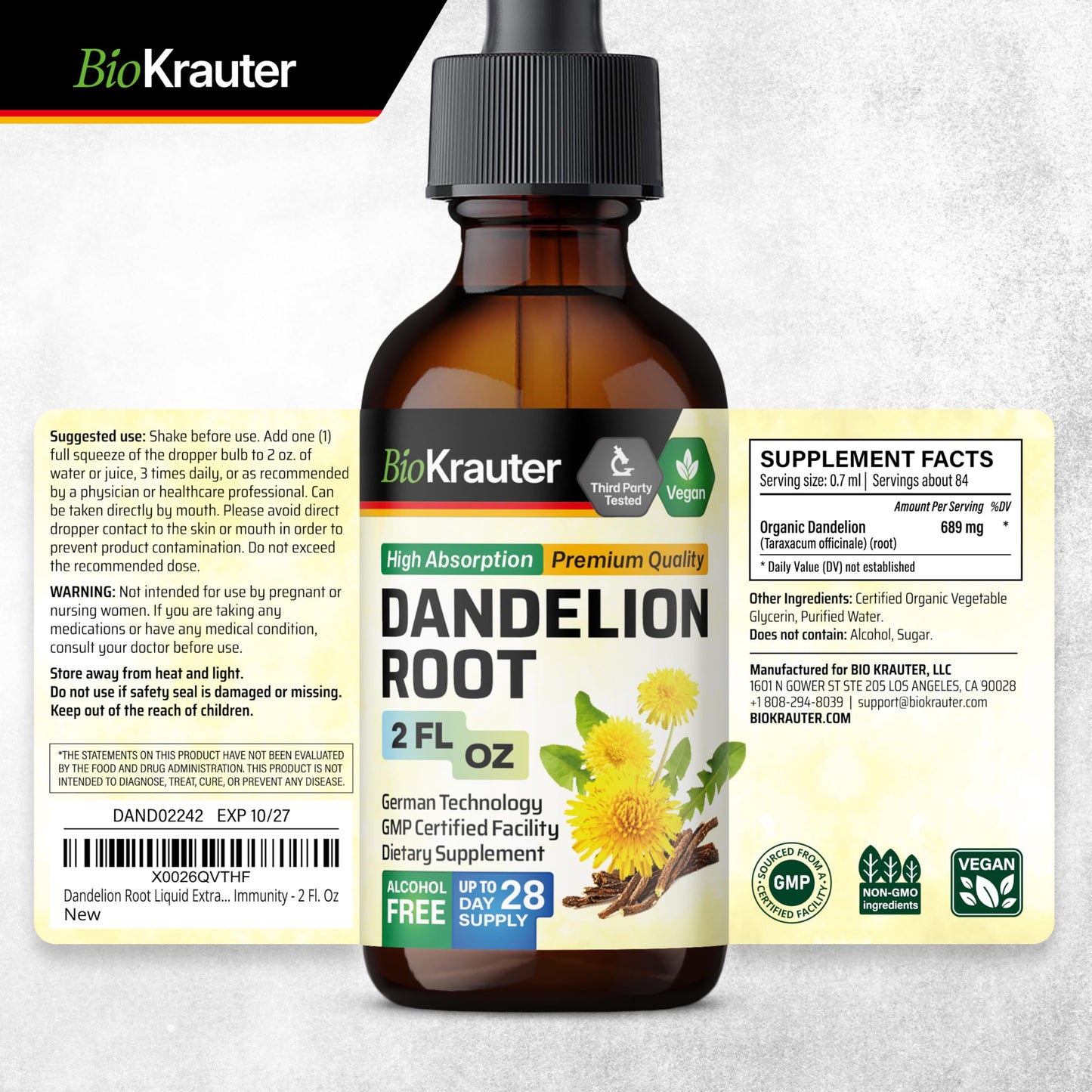 BioKrauter Dandelion Root Extract โ Liquid 689 mg per Serving, 2 oz (28-Day) | Liver & Kidney Support, Vegan, Alcohol-Free