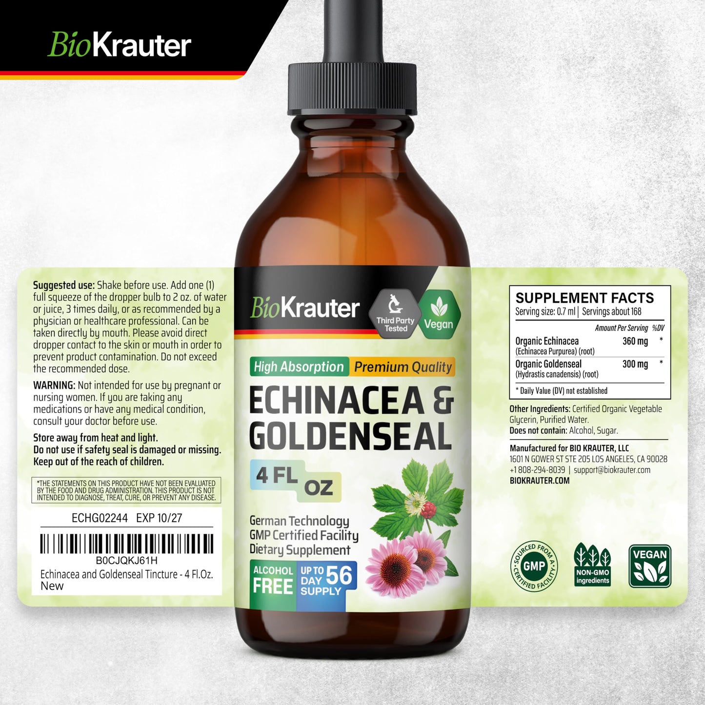 BIO KRAUTER Echinacea & Goldenseal Liquid Extract β Vegan, Alcohol-Free Tincture β 4 Fl Oz