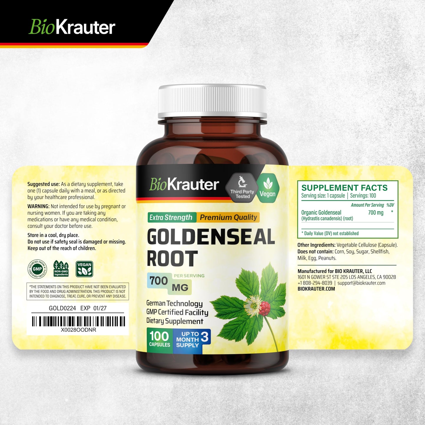 BIO KRAUTER Goldenseal Root Capsule 700 mg โ 100 Vegan Golden Seal Capsules โ Respiratory & Digestive Support