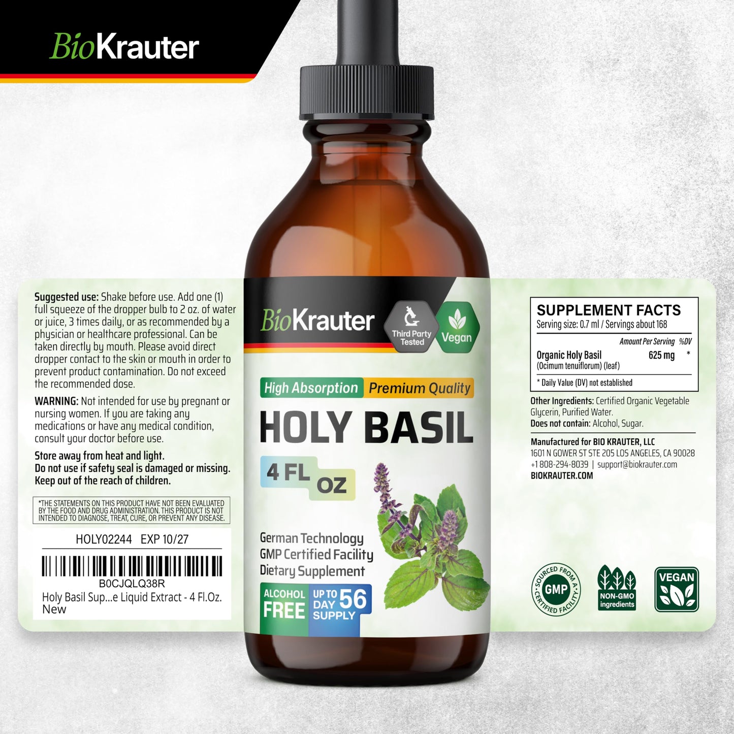 BIO KRAUTER Holy Basil Tincture โ Tulsi Liquid Extract for Calm & Relaxation | Vegan, Alcohol-Free | 4 Fl Oz