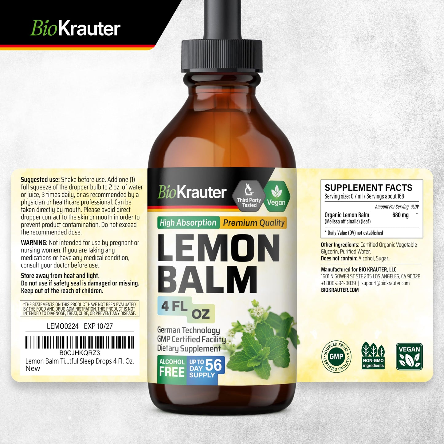 BIO KRAUTER Lemon Balm Tincture 680 mg โ Vegan, Alcohol-Free Sleep Support