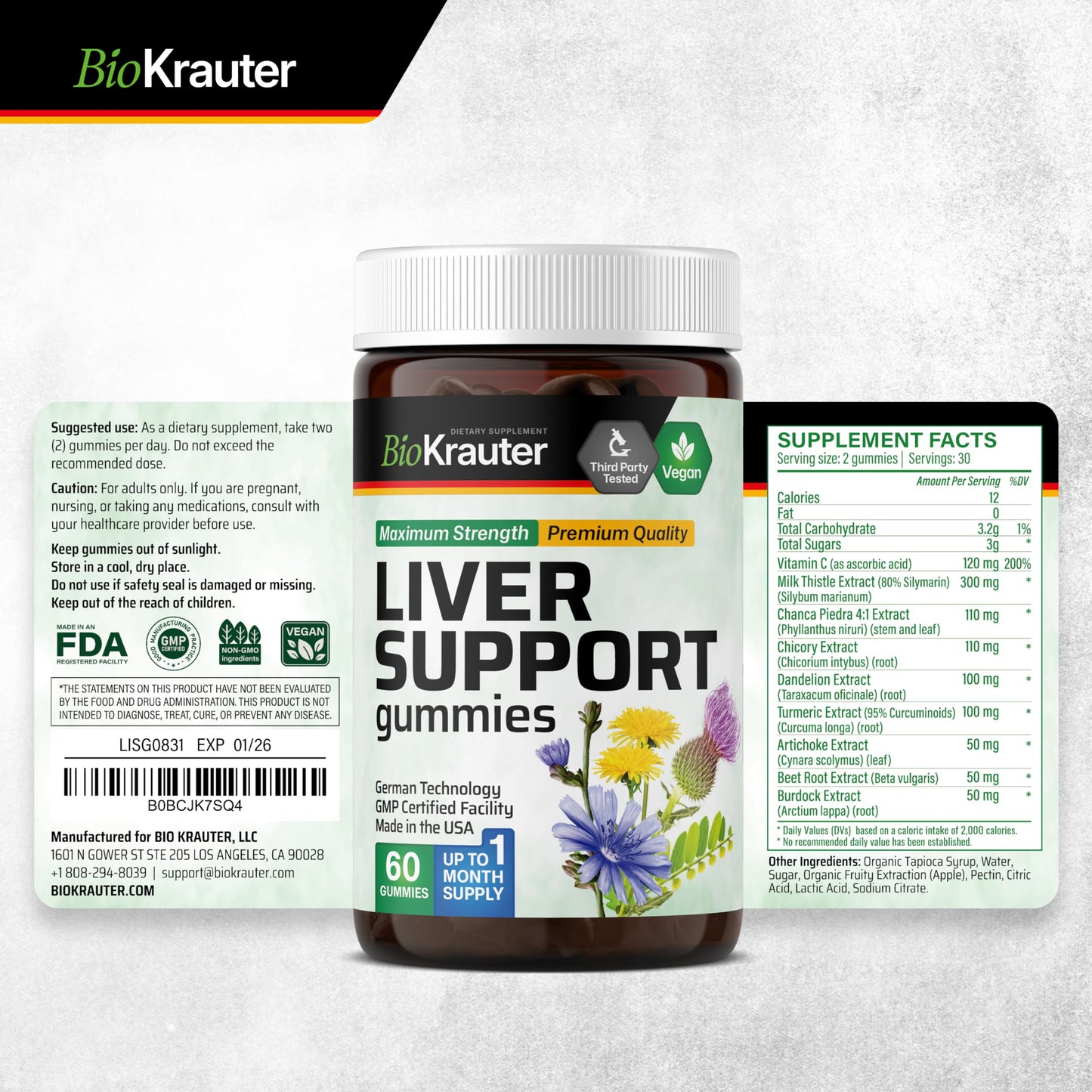 BIO KRAUTER Liver Supplement Gummies - 60 Vegan Chews w/Milk Thistle, Dandelion Root for Liver Cleanse & Detox - 80% Silymarin (Pack of 2)
