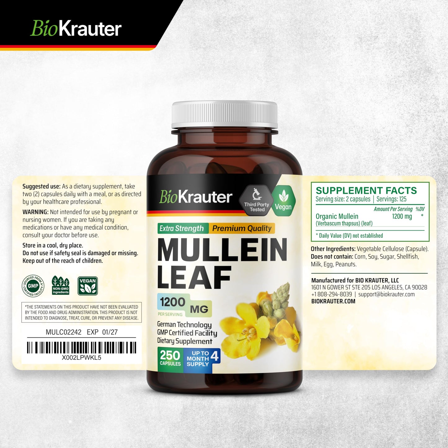 BIO KRAUTER Mullein Capsules 1200 mg - 250 Veg Capsules for Lungs