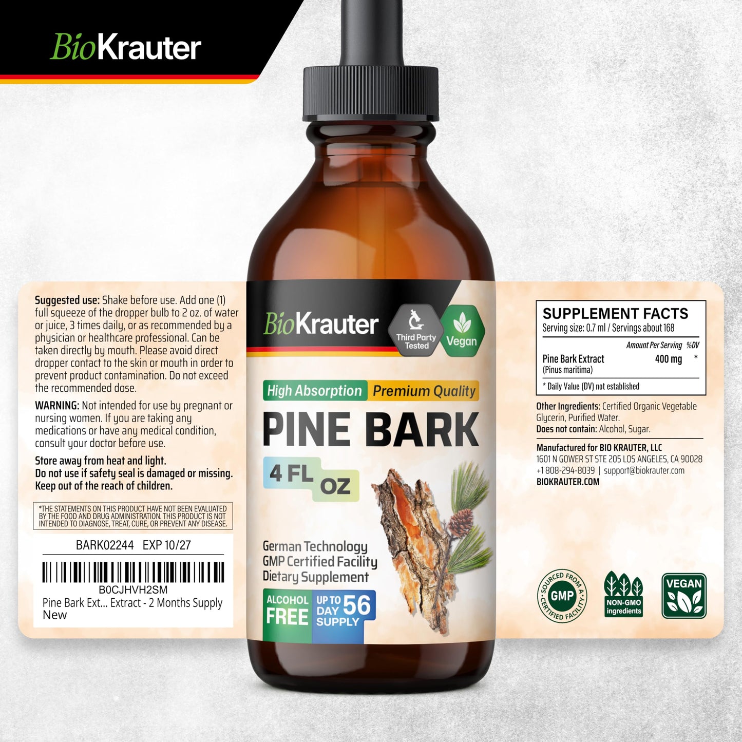BIO KRAUTER Pine Bark Extract Drops β 400 mg, French Maritime Pine Bark, Vegan, Alcohol & Sugar Free β 4 Fl Oz