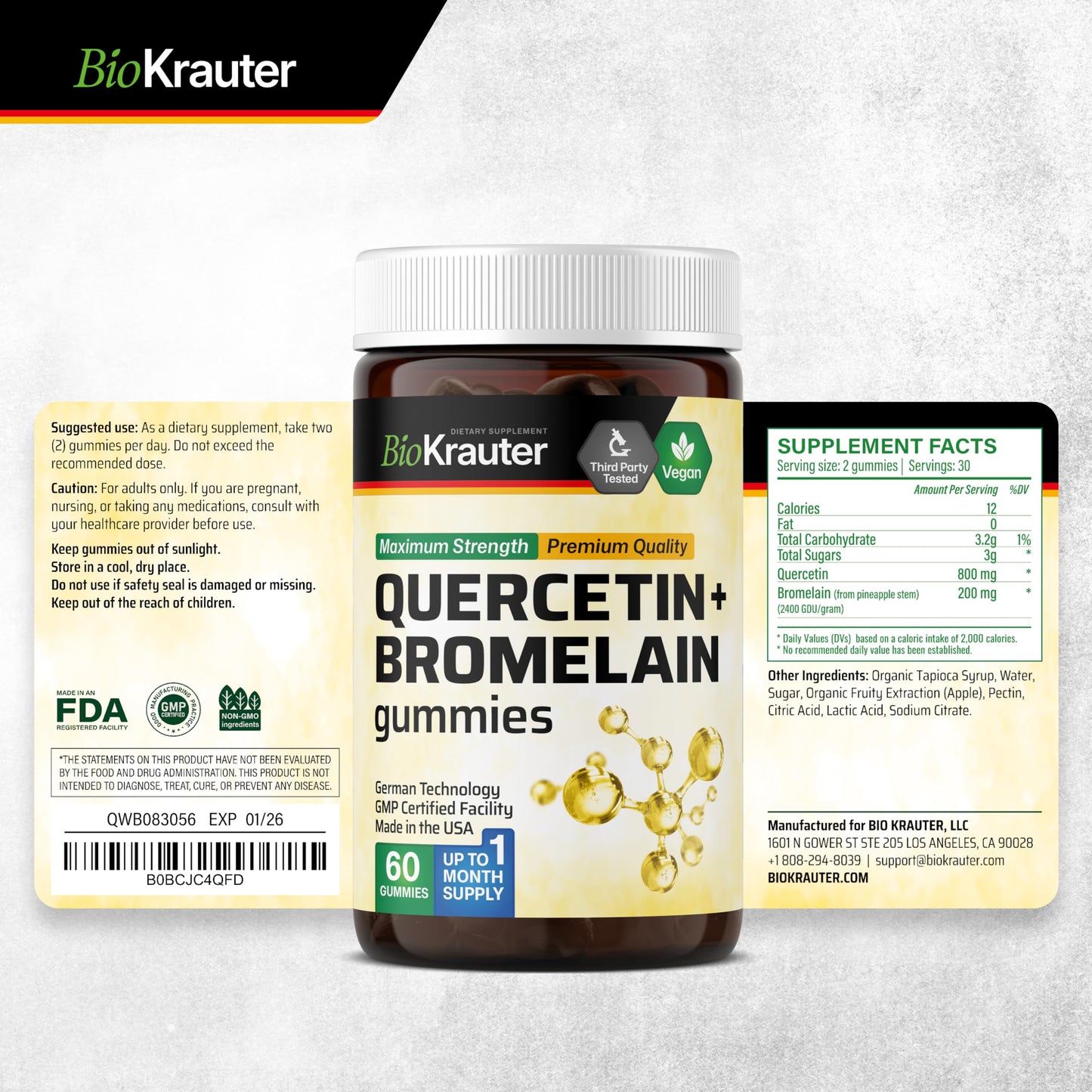BIO KRAUTER Quercetin + Bromelain Gummies 1000 mg โ Pack of 2 (60 Vegan Chews)