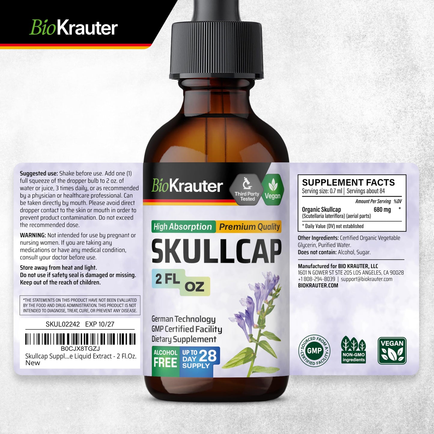 BIO KRAUTER Skullcap Tincture โ Vegan, Alcohol-Free, Scutellaria Lateriflora Drops 2 Fl Oz