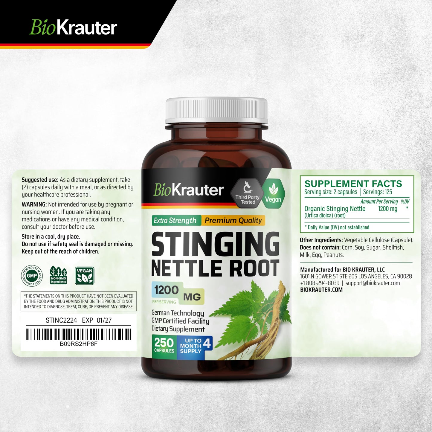 BIO KRAUTER Stinging Nettle Capsules 1200 mg โ 250 Urinary Tract & Overall Support Caps โ Nettle Root Powder (Urtica Dioica) โ Non-GMO โ Pack of 2