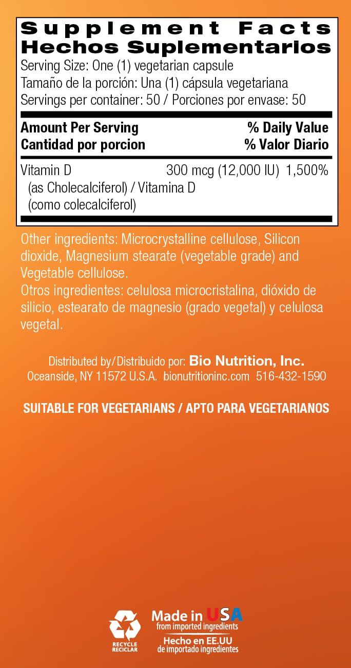 Bio Nutrition D3 12000 IU Vegi-Caps, 50 Count โ Vitamin D3 Vegetarian Capsule Supplement