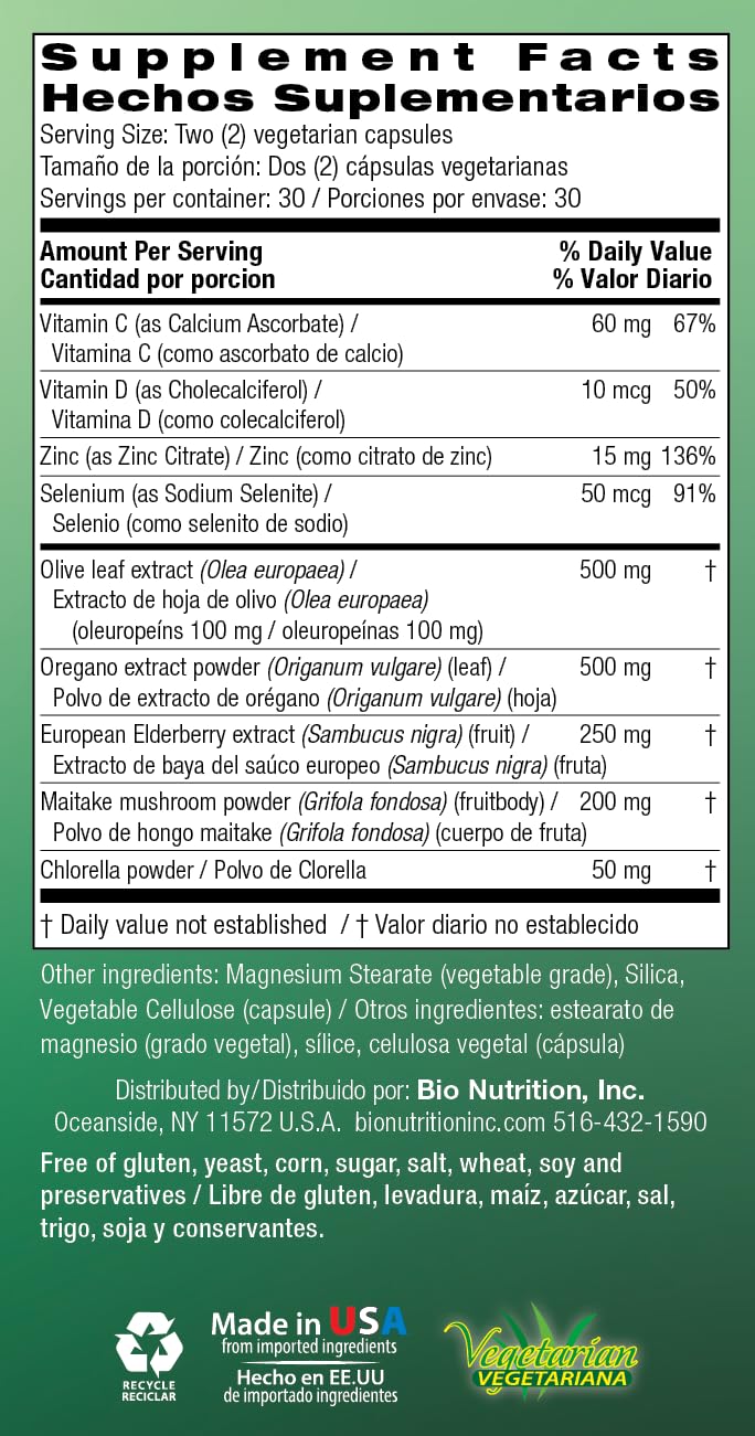 Bio Nutrition Immune Wellness Supplement โ 60 Vegetarian Capsules | Olive Leaf & Oregano