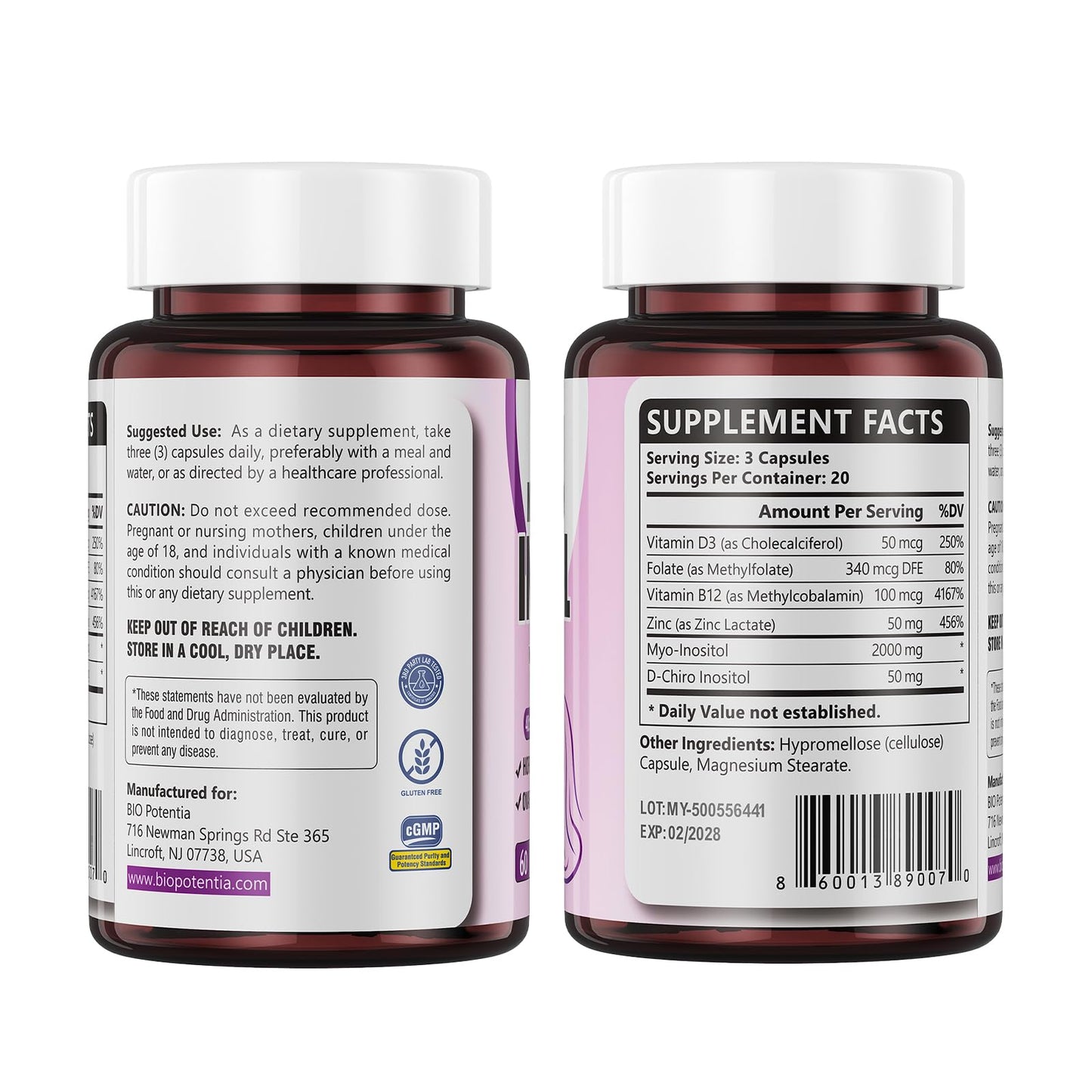 BIO POTENTIA Myo-Inositol & D-Chiro Inositol Capsules โ 40:1, 2000/50mg, Non-GMO | 60 Capsules