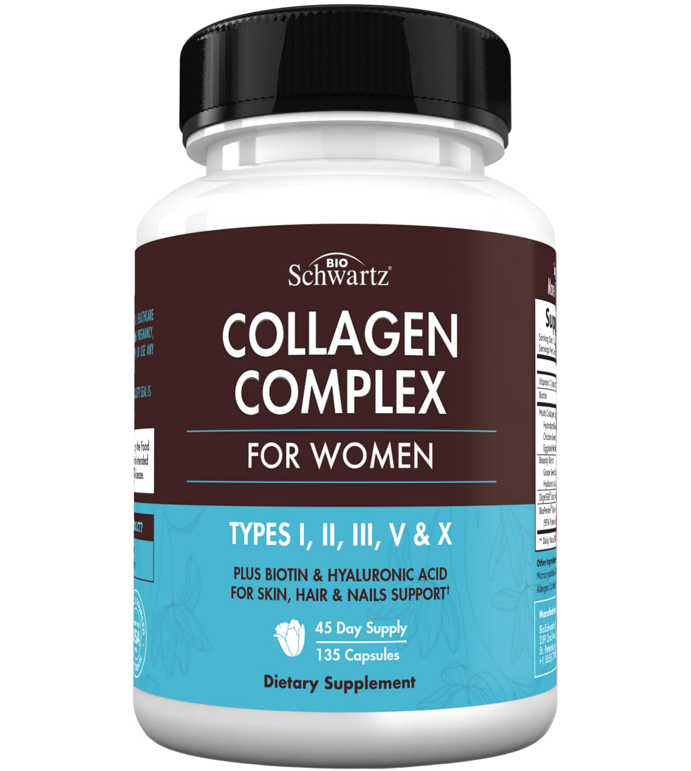 BioSchwartz Hydrolyzed Collagen Peptide Capsules โ Multi-Collagen for Skin, Hair & Nails (Types I, II, III, V, X) with Vitamin C, Biotin, Keratin & Hyaluronic Acid โ 135ct