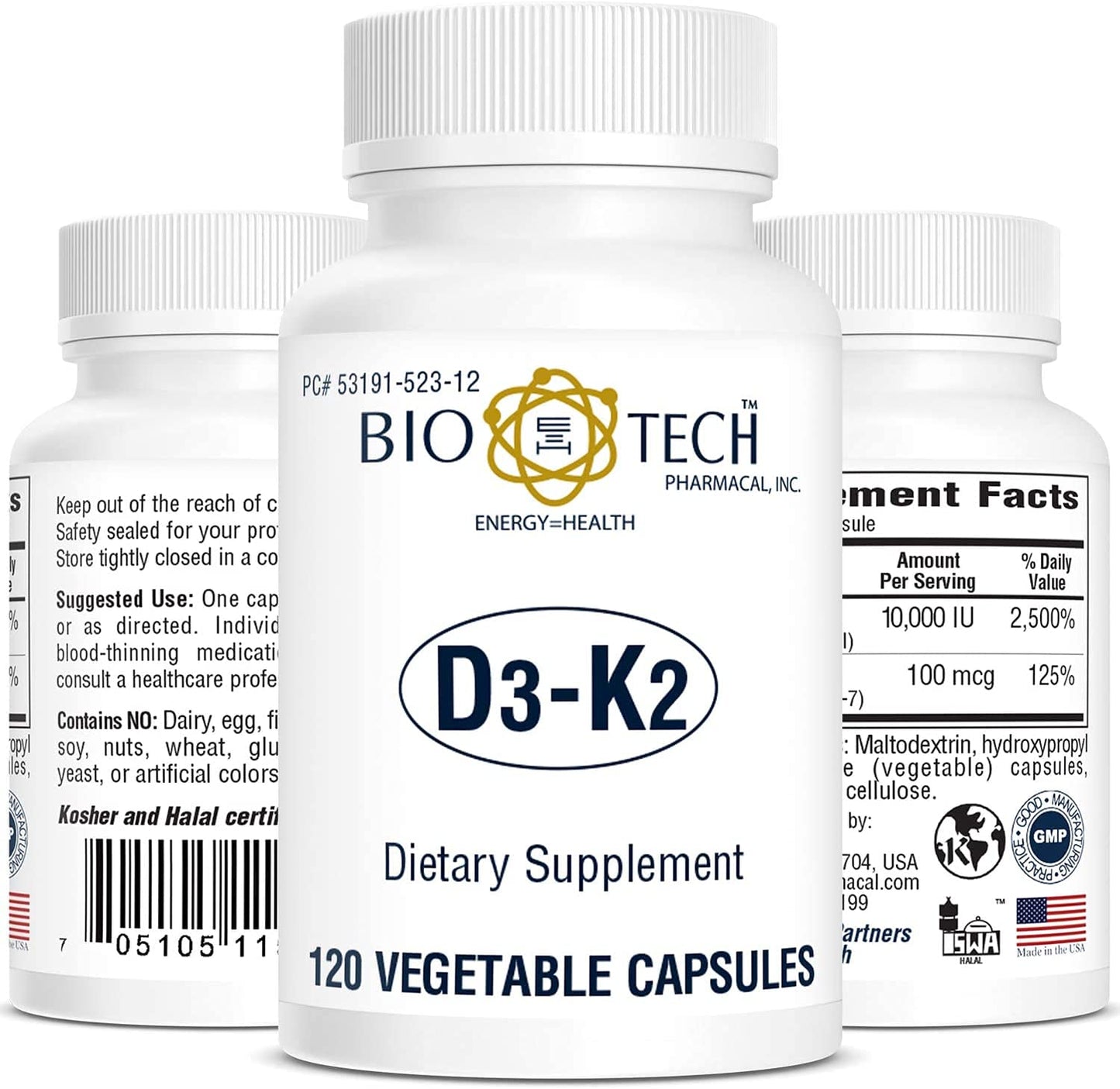 Bio-Tech D3-K2 120 Vegcaps โ Vegan Vitamin D3 & K2 for Bone Health