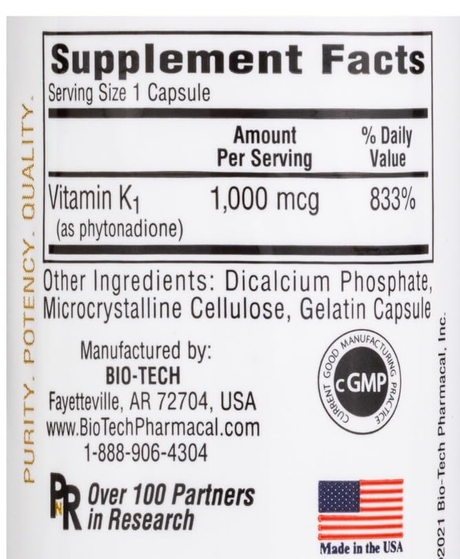 Bio-Tech Pharmacal K1-1000 Vitamin K1 100 Capsules โ 3 Pack