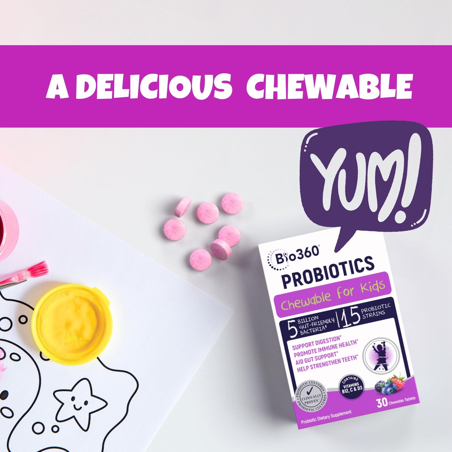Bio360 Probiotics for Kids โ 15 Strains, 5B CFU, Mixed Berry (30 Chews)