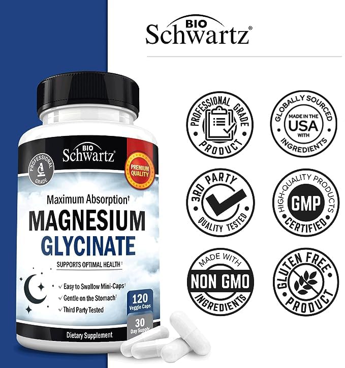 BioSchwartz Magnesium Glycinate 500mg (120 Mini Caps) โ Sleep Nerves Muscles Support