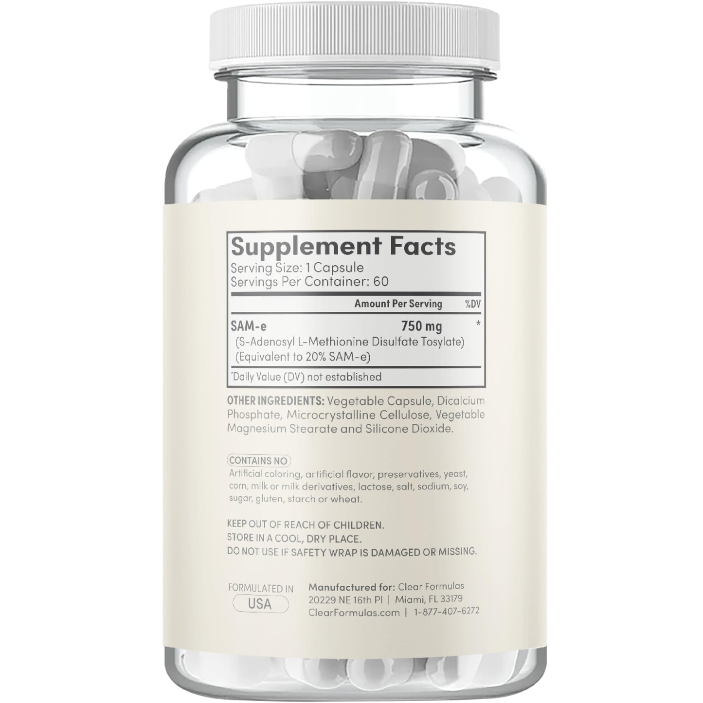 Bioactive SAM-e 750mg โ High Strength S,S Form | Liver & Mood Support โ Vegan, Non-GMO, Preservative Free โ Made in USA | 60 Capsules
