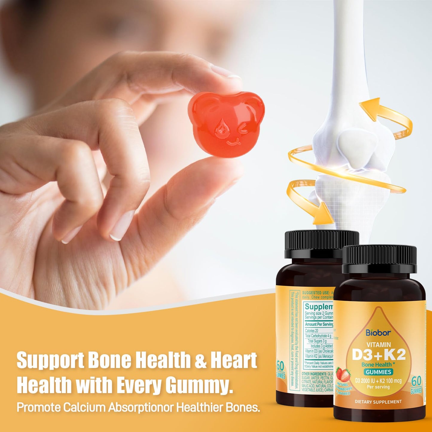Biobor Vitamin D3 K2 Gummies โ 2000 IU D3 & 100 mcg K2, 60 Count