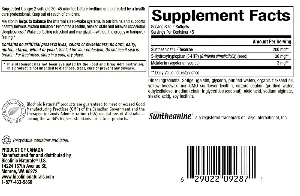 Bioclinic Naturals Somno-Pro: 90 Gels with Melatonin, 5-HTP & L-Theanine