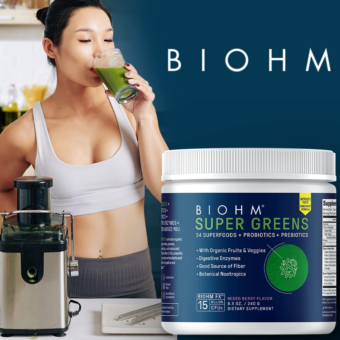 BIOHM Super Greens β 34-Ingredient Green Superfood Powder with Probiotics & Digestive Enzymes (Mixed Berry)