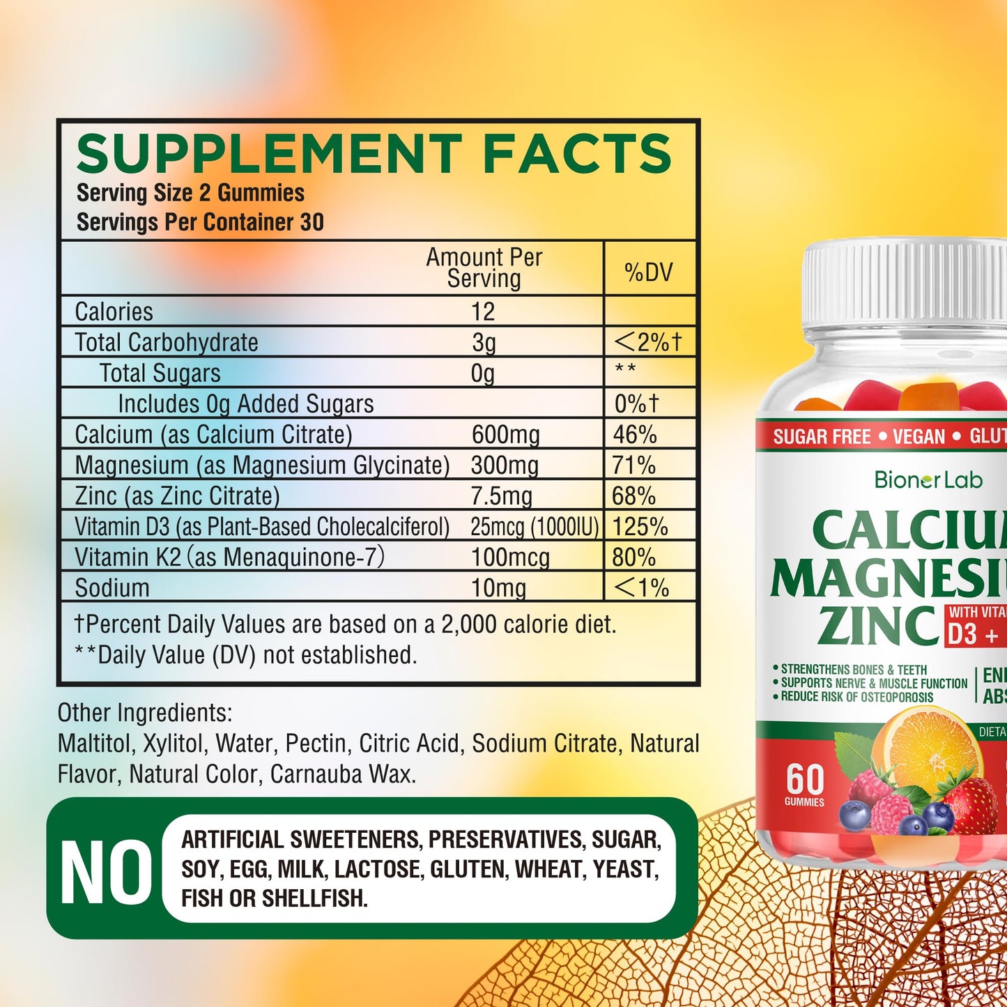 BionerLab Calcium Magnesium Zinc Gummies โ Vitamin D3 & K2, High Potency