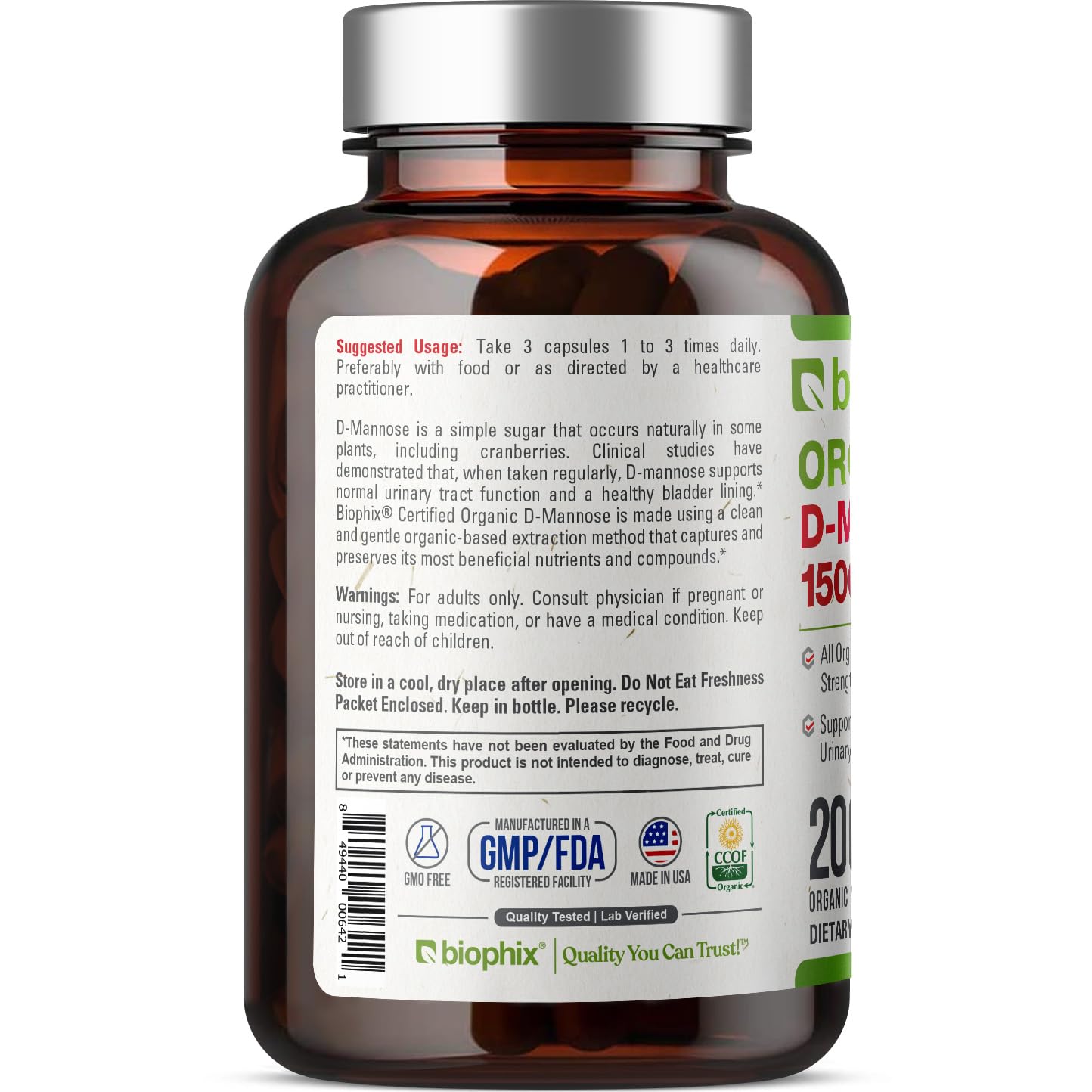 Biophix D-Mannose 1500 mg โ 200 Veggie Caps | USDA Organic, Non-GMO, Vegan-Friendly