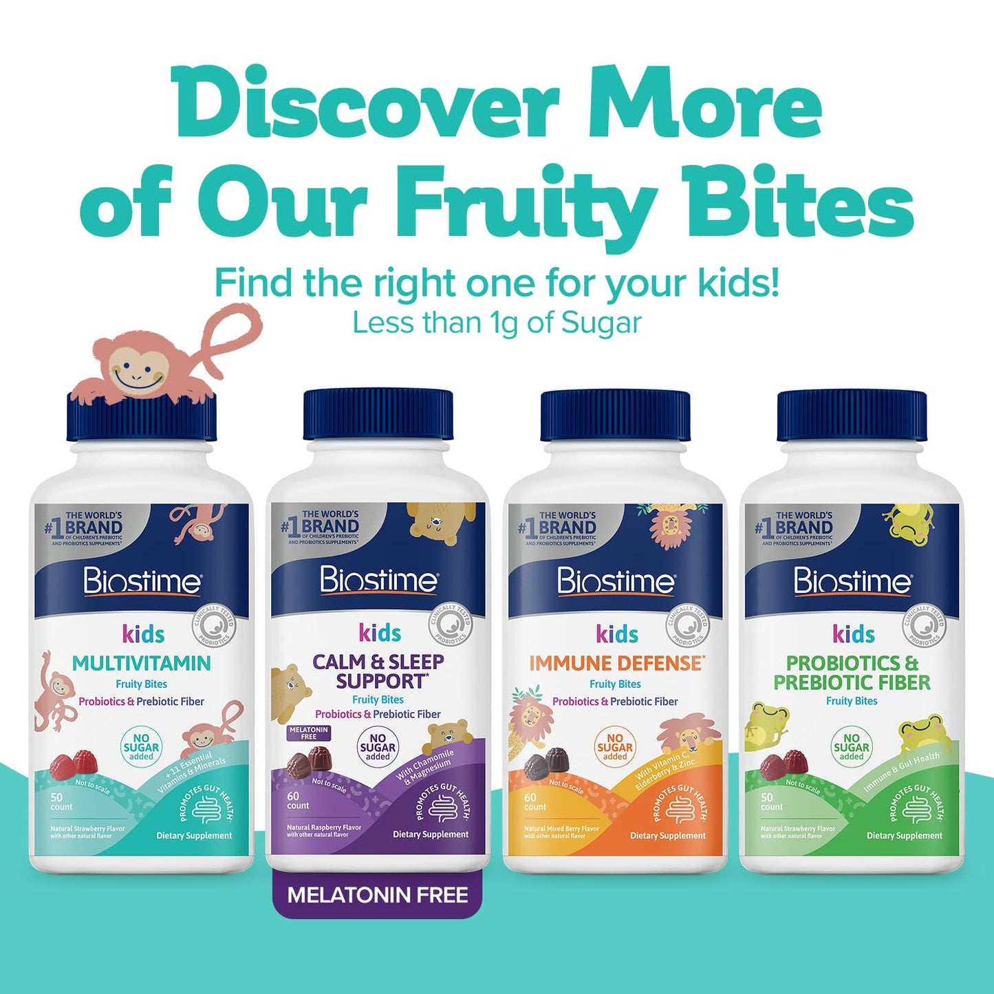 Biostime Kids Multivitamin Gummies with Probiotics & 11 Essential Vitamins (Ages 4+) โ No Added Sugar, Free from Top 9 Allergens, 50 Count