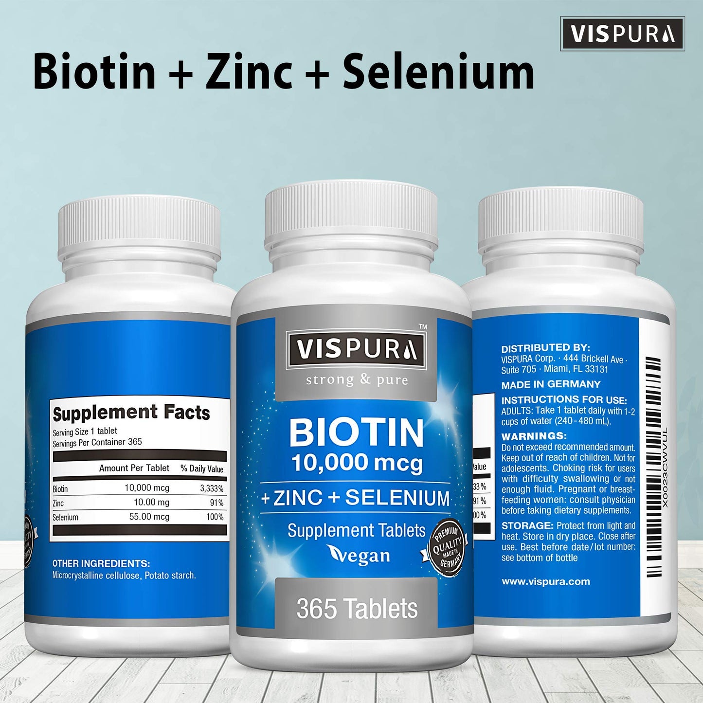 Biotin 10000 mcg + Zinc + Selenium โ Vegan Hair, Skin & Nails Supplement | 365 Tablets