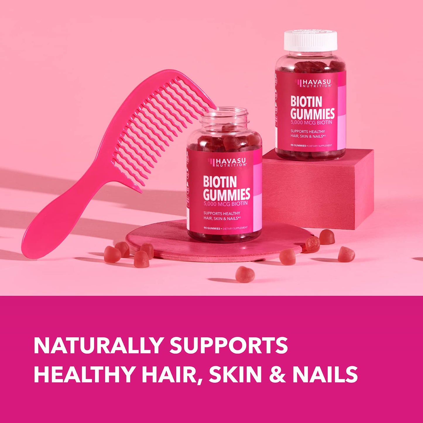Biotin Gummies 5000mcg for Hair, Skin & Nails โ Vegan Vitamin B7, Strawberry Flavor, 90 Count
