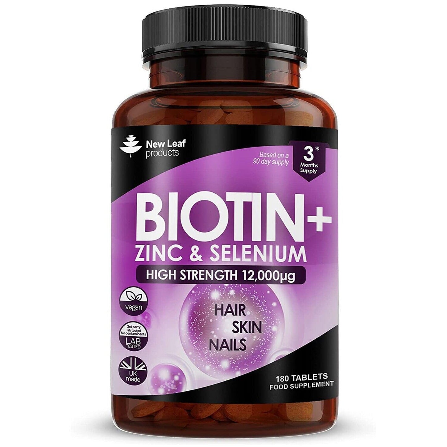 Biotin Hair Growth Vitamins 12000mcg โ High Strength, Coconut Oil | Vegan & UK Made | New Leaf
