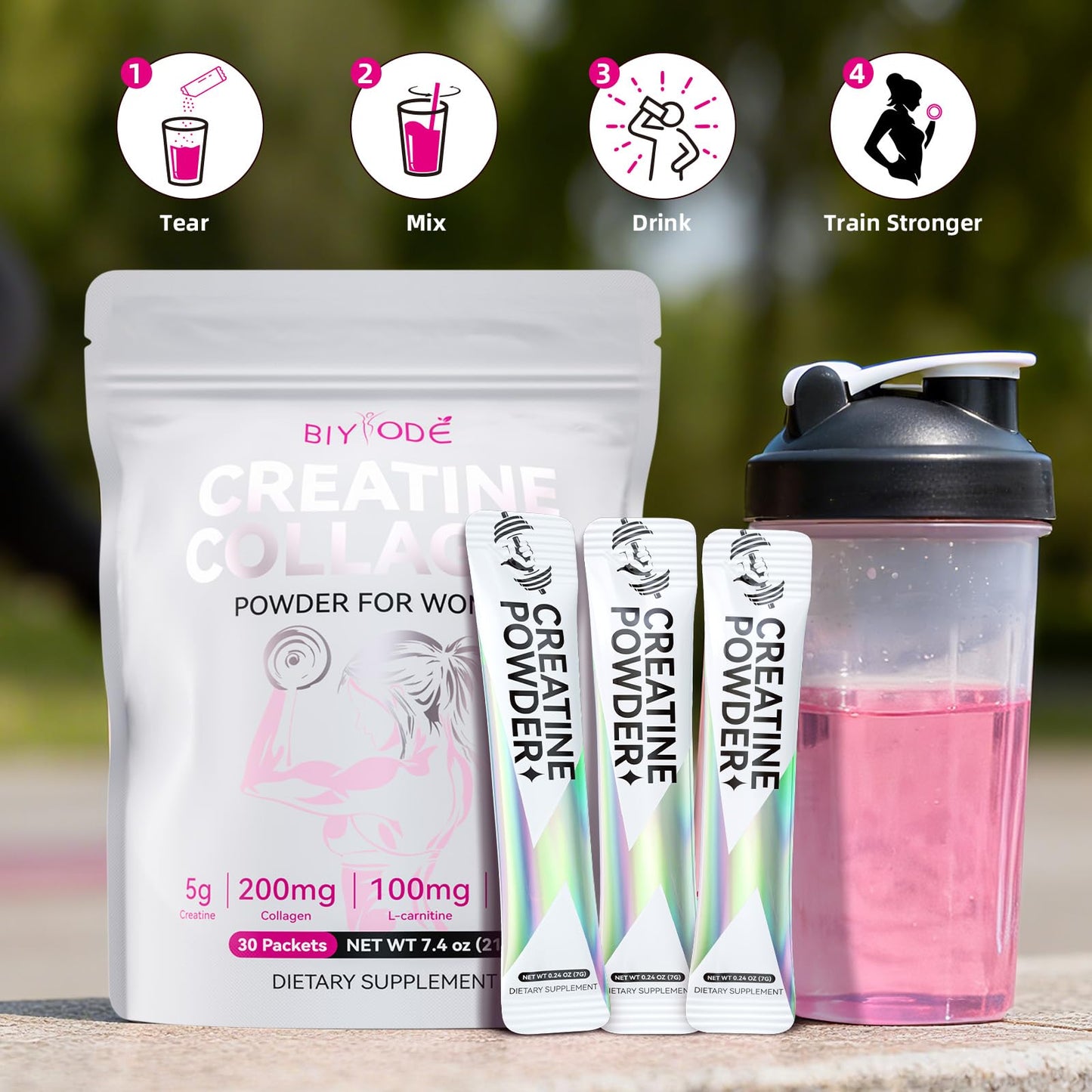 BIYODE Creatine Sticks for Women โ 5g Creatine, Collagen & L-Carnitine, 30 Servings