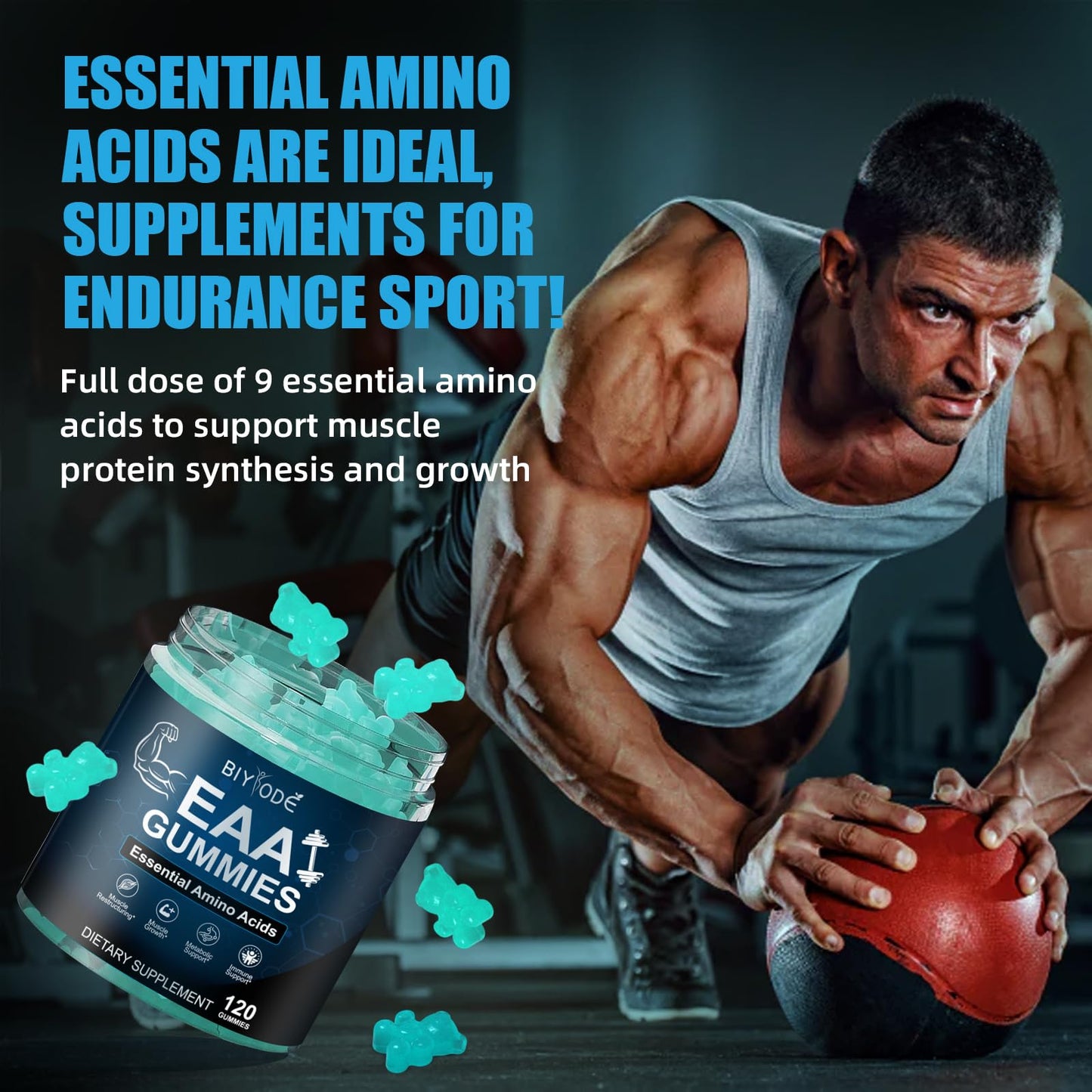 BIYODE EAA Gummies โ Essential Amino Acids + BCAAs for Muscle Support (Sugar-Free Blue Raspberry, 120 Gummies)