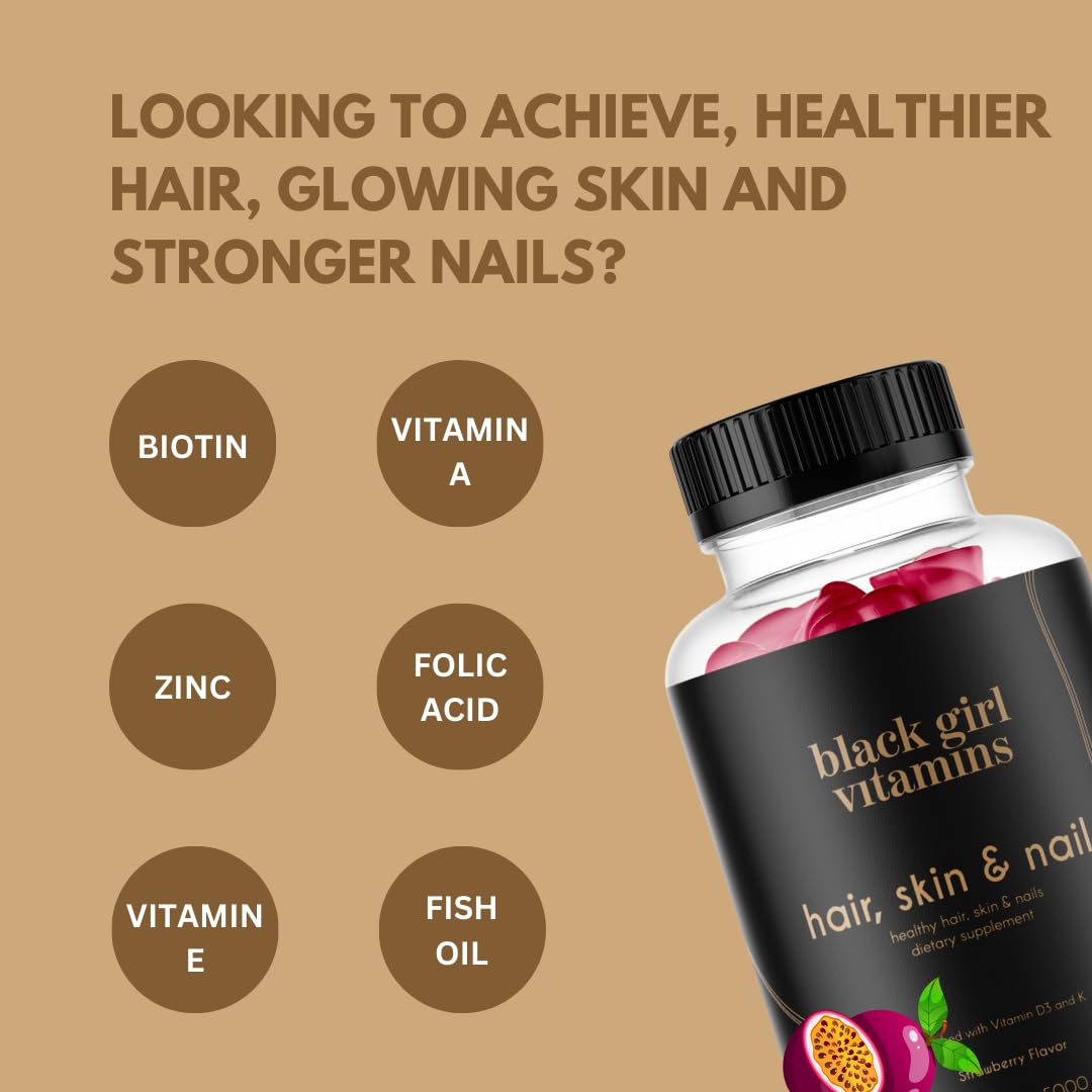 Black Girl Vitamins Hair, Skin & Nails Gummies โ Biotin 6000 mcg, Passion Fruit, Gluten-Free, Made in USA