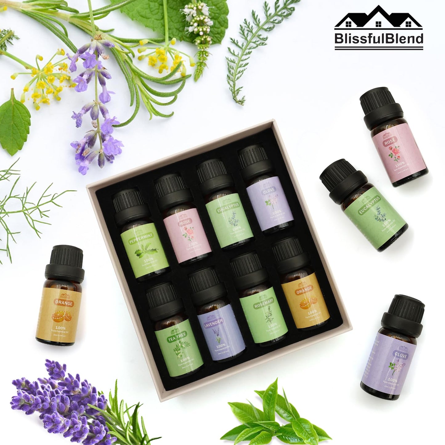 BlissfulBlend 8-Piece Pure Essential Oils Gift Set โ Peppermint, Lavender, Eucalyptus & More