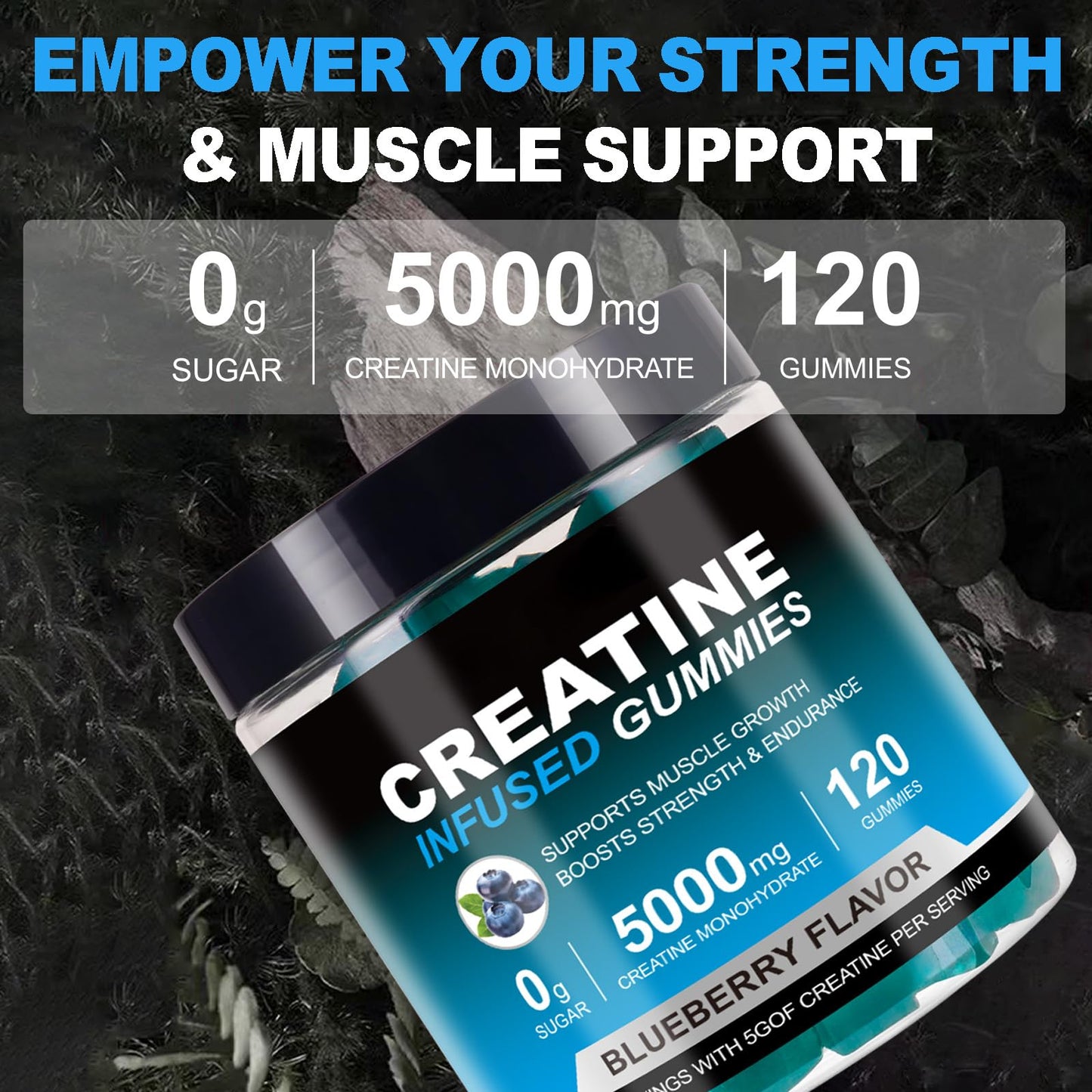 Creatine Monohydrate Gummies 5000mg | 120 Sugar-Free Vegan Chews β Blueberry