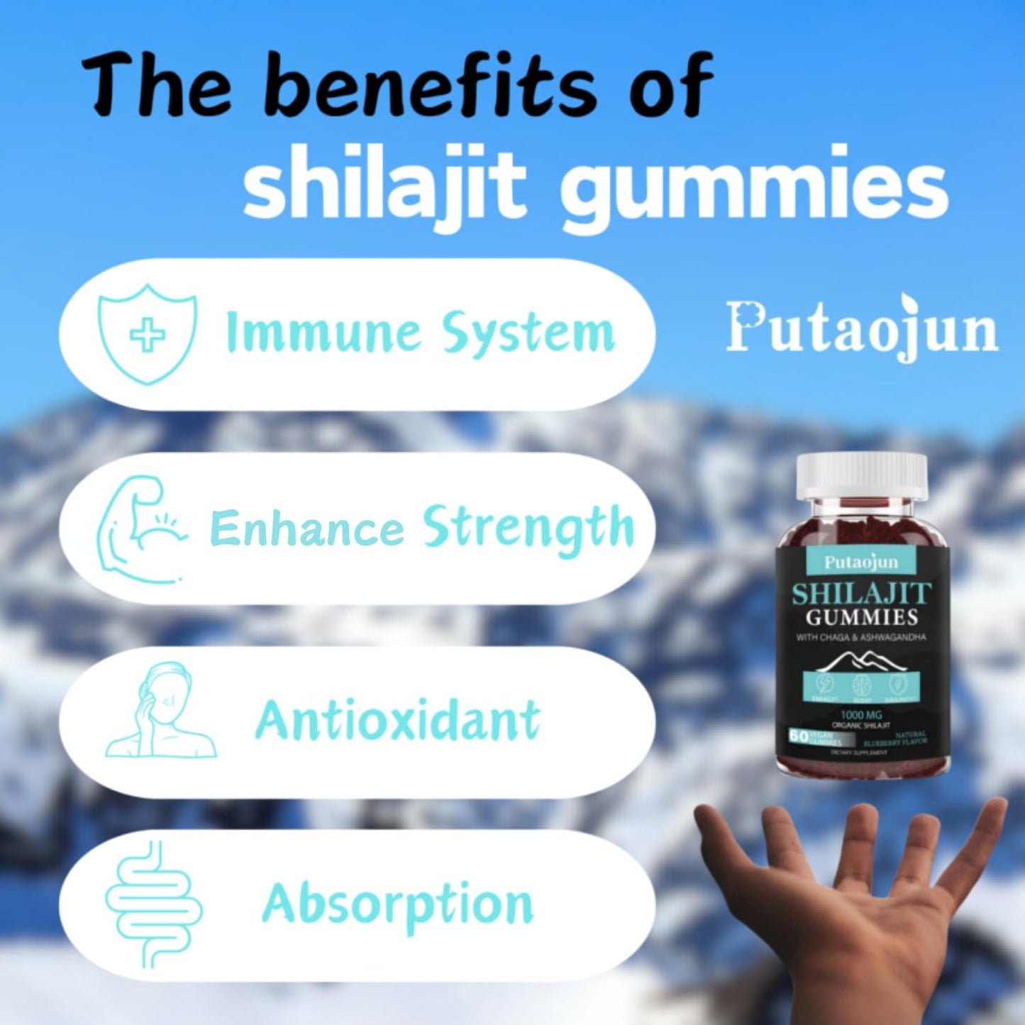 Putaojun Himalayan Gold Shilajit Gummies โ 1000mg Shilajit, Ashwagandha, Chaga & Ginseng (For Men, Women & Kids)
