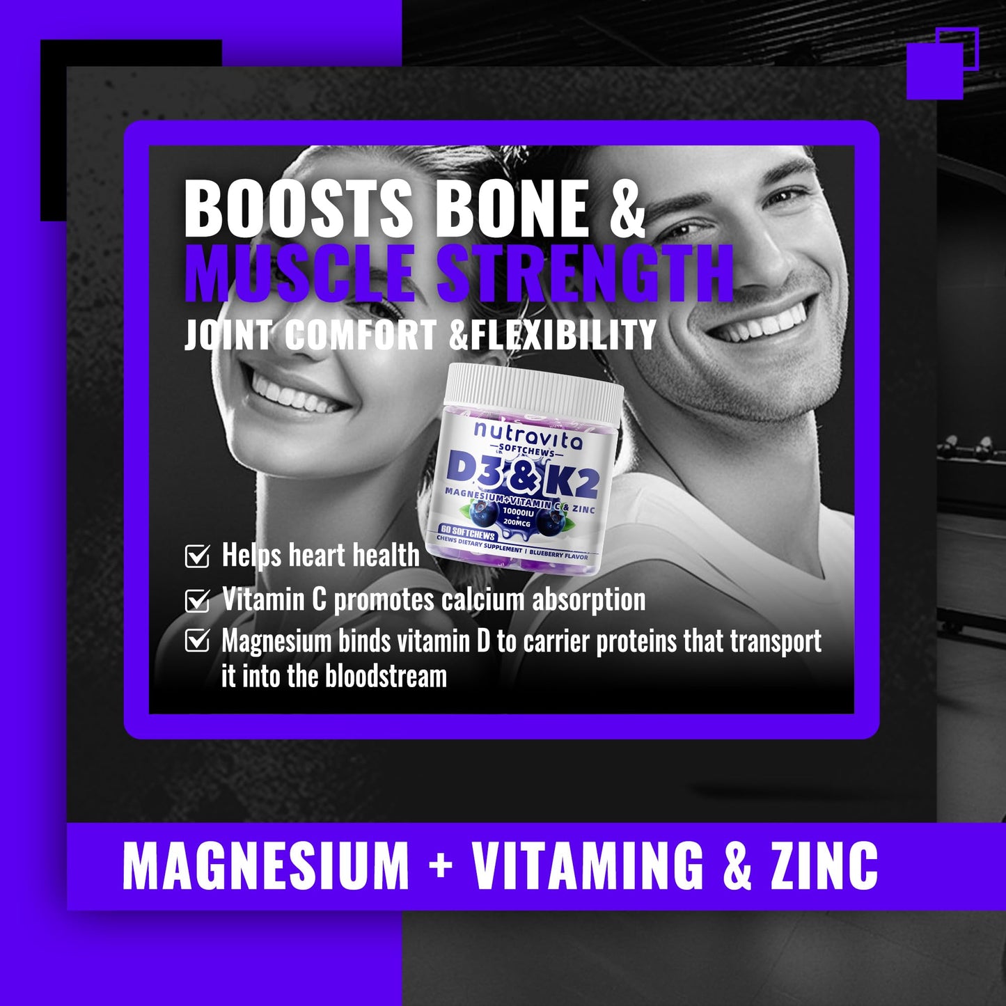 Sugar-Free Vitamin D3 K2 Gummies with Calcium + Magnesium (Vegan, 60 Count) โ Blueberry