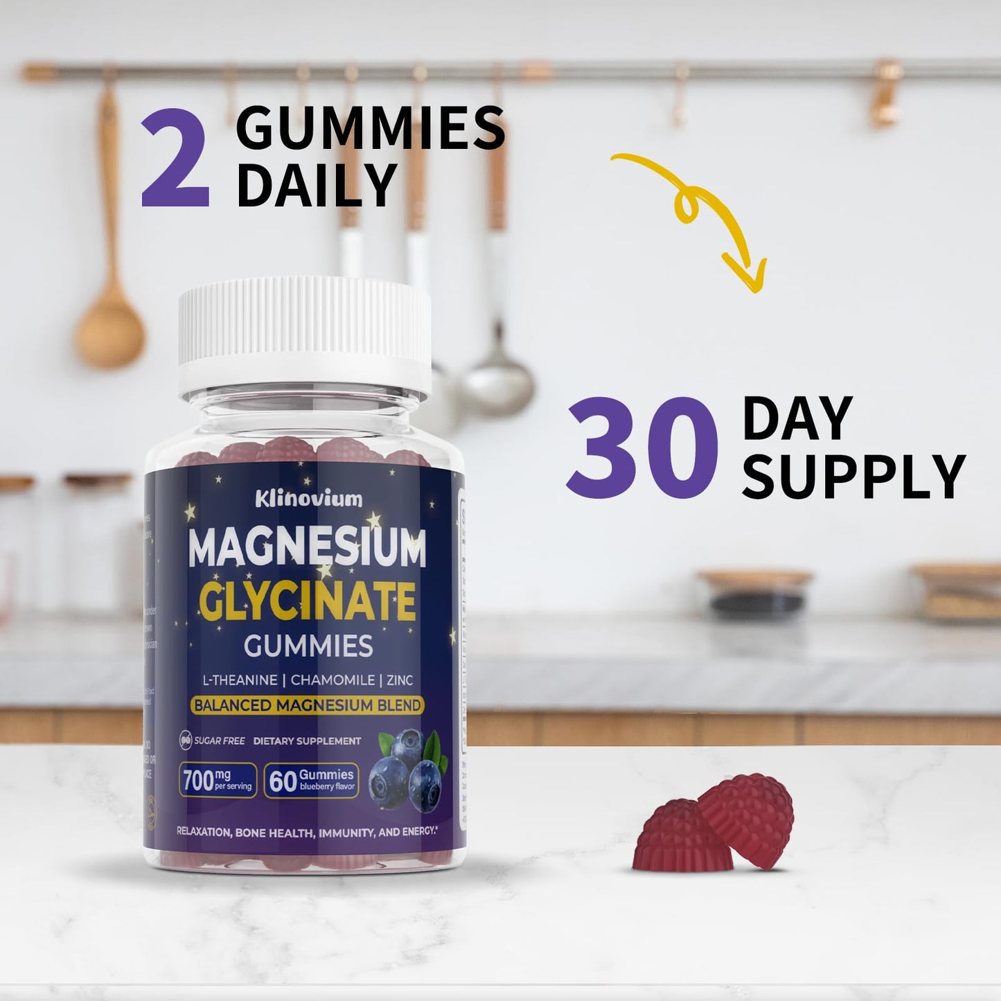 700mg Magnesium Glycinate Gummies – Highly Absorbed Sugar-Free Magnesium with L-Theanine & B6 (Blueberry)