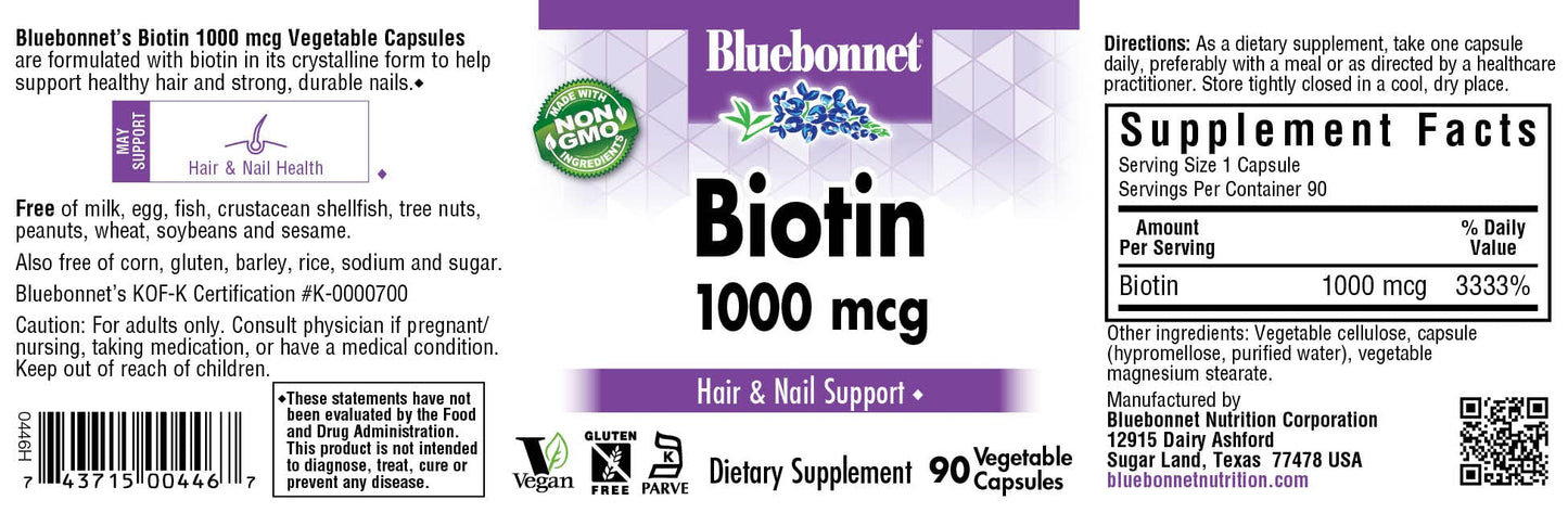 Bluebonnet Biotin 1000 mcg Veg Capsules โ Vegan, Non-GMO, Kosher