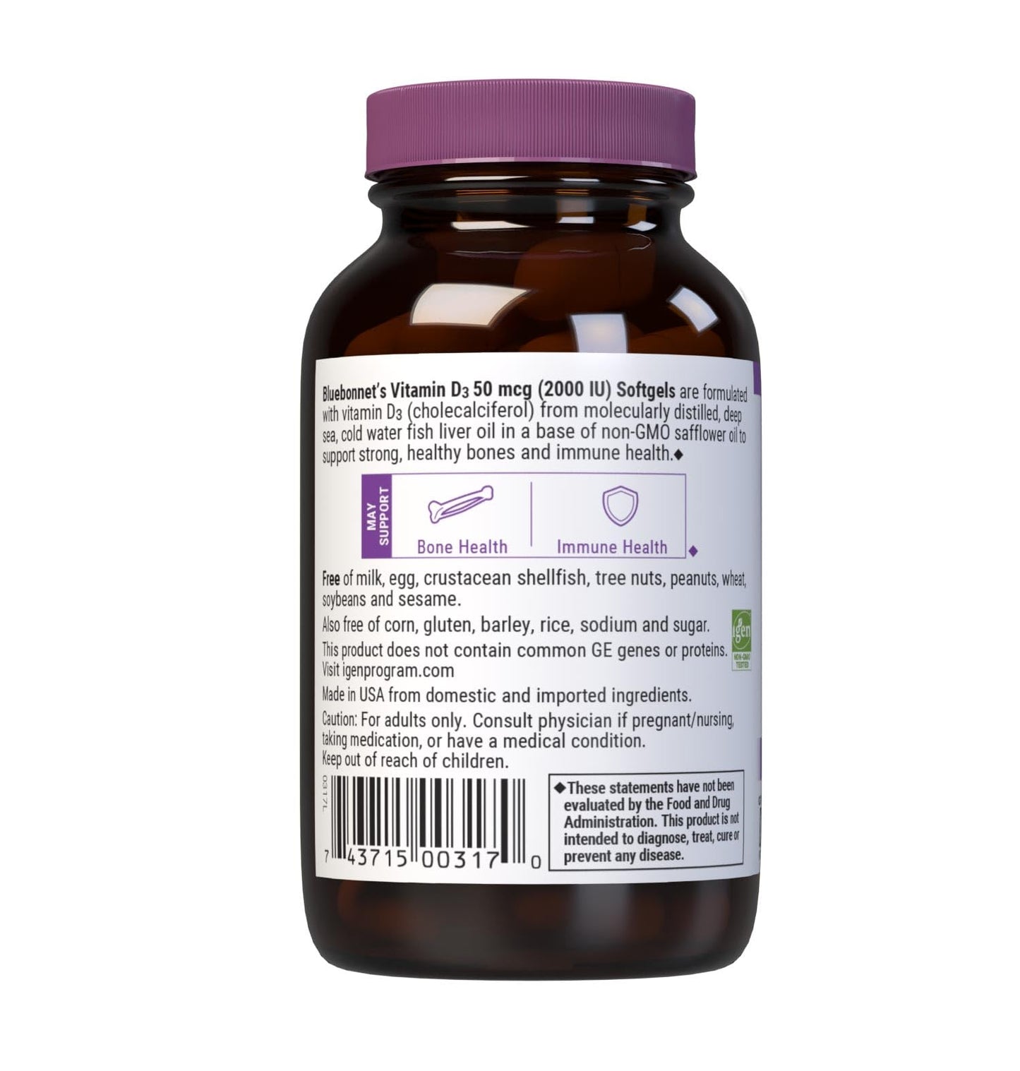 BlueBonnet Vitamin D3 2000 IU Vegetable Capsules โ Pack of 2, 100 Count Each