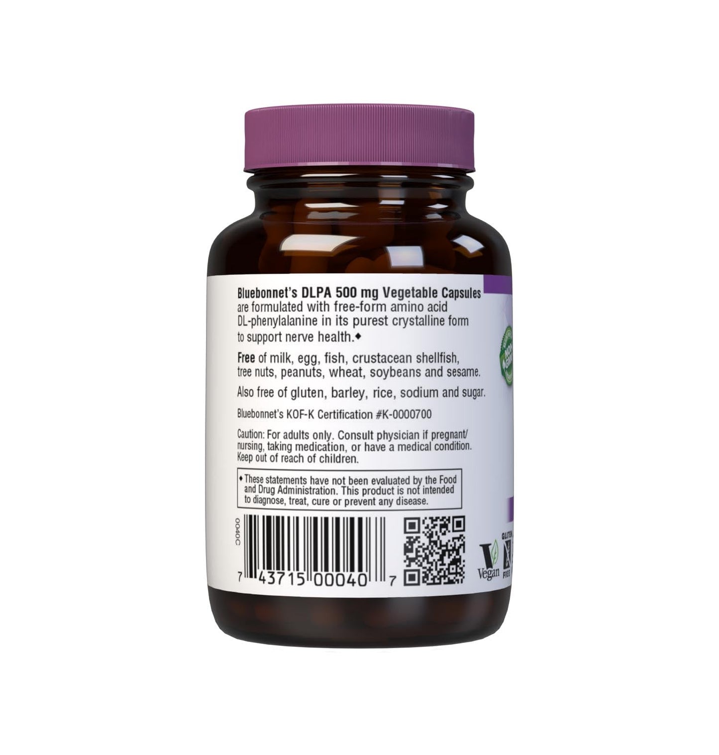 Bluebonnet DLPA 500 mg DL-Phenylalanine โ 30 Servings, Vegan, Kosher